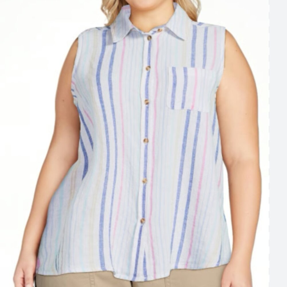 Time and Tru Linen Blend Sleeveless Striped Collared Blouse